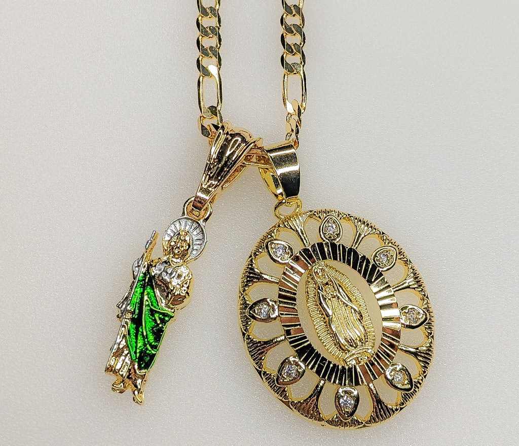 Virgin Mary Saint Jude Double Pendants Charms 3mm Figaro Plated Necklace