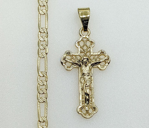 Plated Cross 4mm 14K Diamond Figaro Chain Necklace