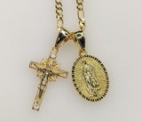 Virgin Mary Cross Double Pendants Charms 3mm Figaro Plated Necklace