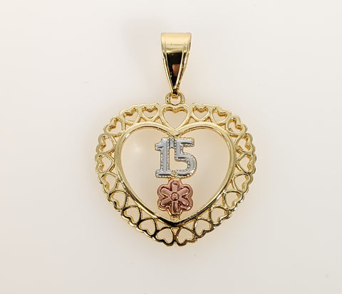 Plated Tri-Color Heart "My 15" Quince Pendant
