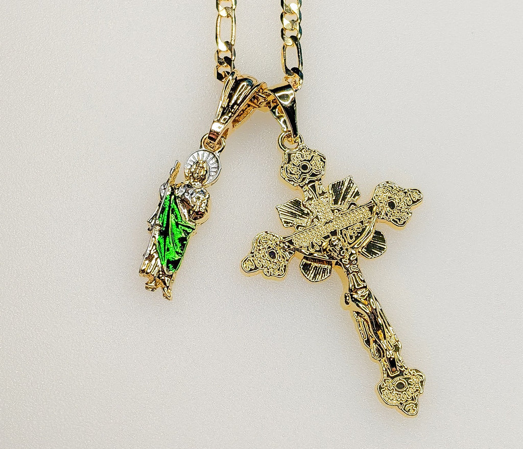 Cross Saint Jude Double Pendants Charms 3mm Figaro Plated Necklace