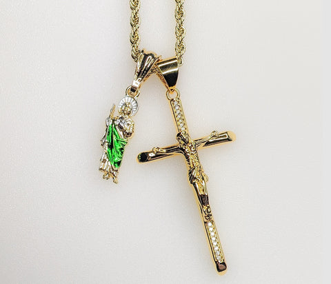 Cross Saint Jude Double Pendants Charms 3mm Rope/Braided Plated Necklace