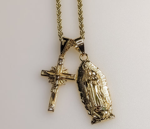 Virgin Mary Cross Double Pendants Charms 3mm Rope/Braided Plated Necklace