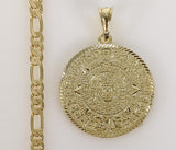 Plated Aztec Mayan Calendar 5mm Figaro Chain Necklace