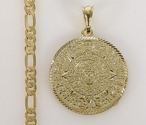 Plated Aztec Mayan Calendar 5mm Figaro Chain Necklace