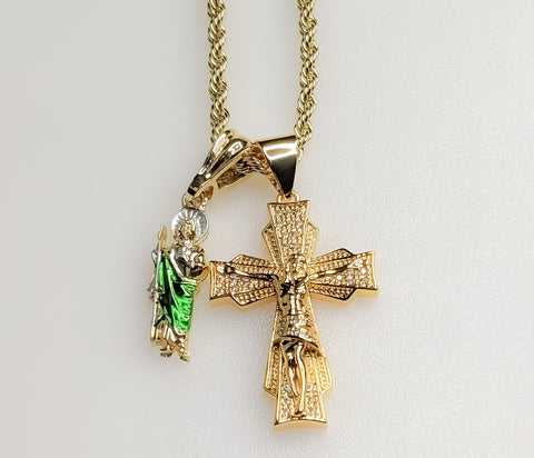 Cross Saint Jude Double Pendants Charms 3mm Rope/Braided Plated Necklace