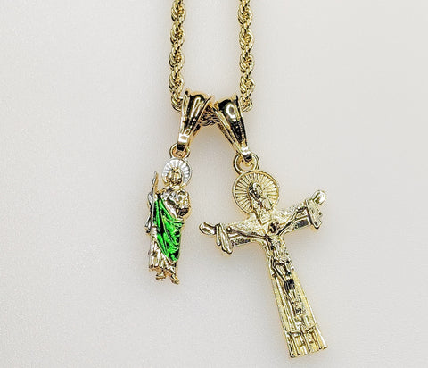 Cross Saint Jude Double Pendants Charms 3mm Rope/Braided Plated Necklace