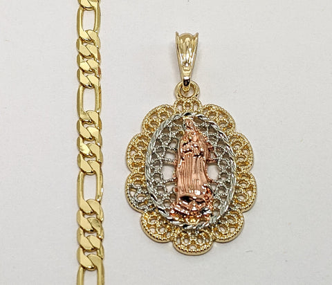 Plated Tri-Color Virgin Mary 5mm Figaro Chain Necklace