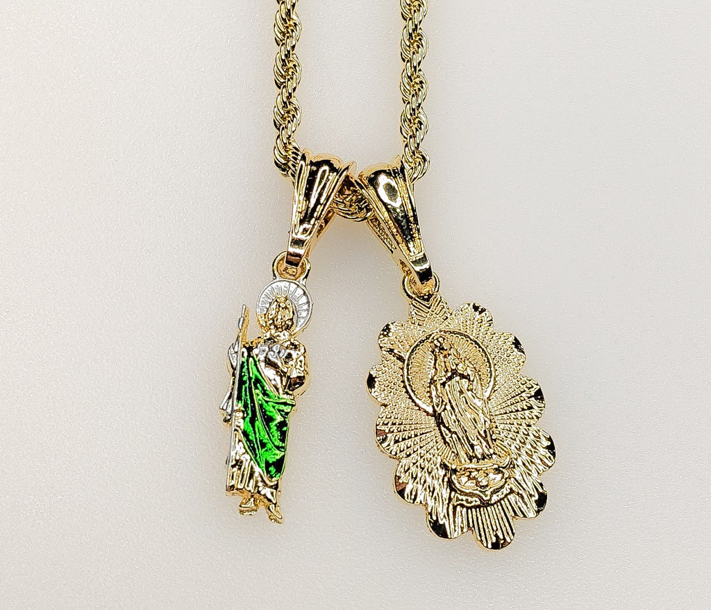 Virgin Mary Saint Jude Double Pendants Charms 3mm Rope/Braided Plated Necklace