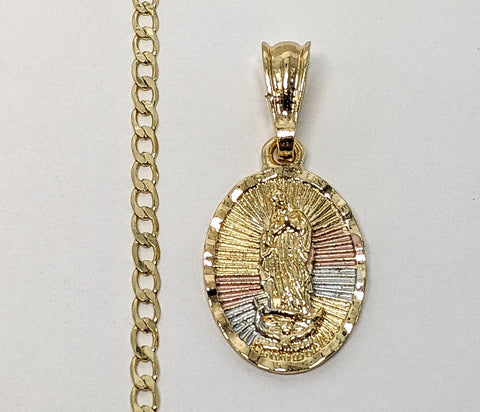 Plated Tri-Color Virgin Mary 3mm Cuban Chain Necklace