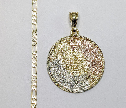 Plated Tri-Color Aztec Calendar 3mm Figaro Chain Necklace