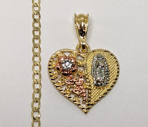 Plated Tri-Gold Virgin Mary 3mm Cuban Chain Necklace