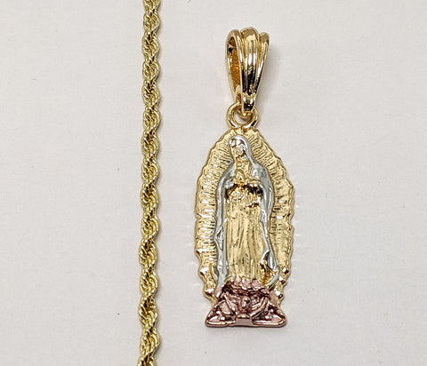 Plated Tri-Color Virgin Mary 3mm Rope/Braided Chain Necklace