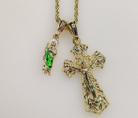 Cross Saint Jude Double Pendants Charms 3mm Rope/Braided Plated Necklace
