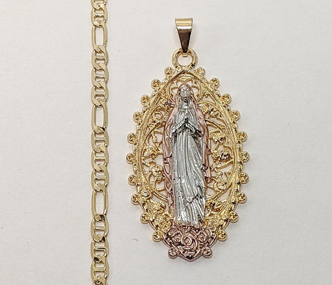 Plated Tri-Gold Virgin Mary 4mm Figaro Mariner Chain Necklace