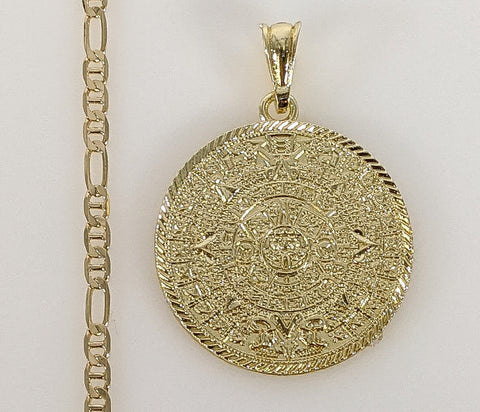 Plated Aztec Mayan Calendar 4mm Figaro Mariner Chain Necklace