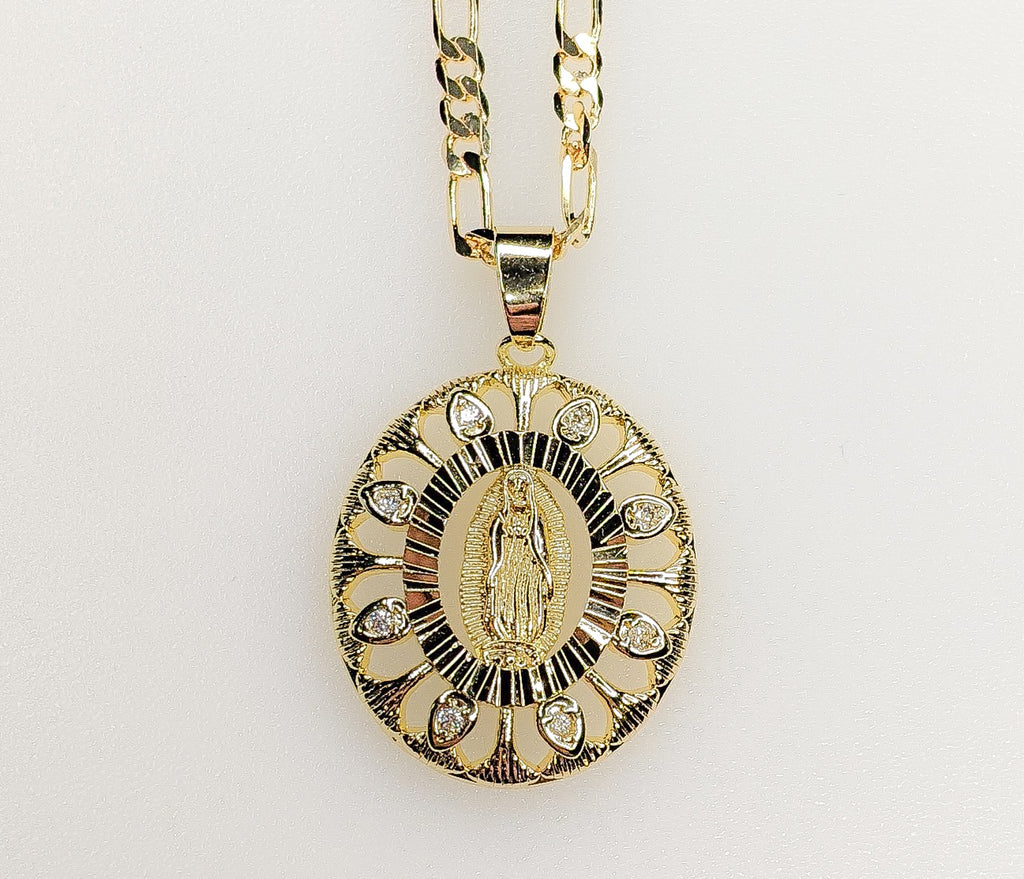 Plated Virgin Mary 3mm Figaro Chain Necklace