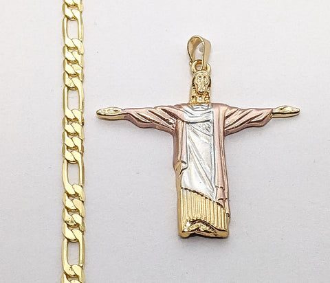 Plated Tri-Color Open Arm Jesus Whole Body 5mm Figaro Chain Necklace