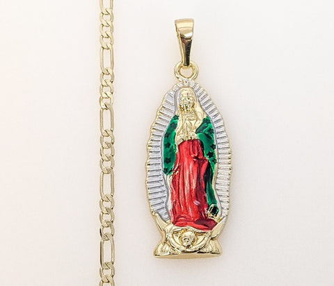 Plated Multicolor Virgin Mary 4mm Figaro Chain Necklace