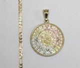 Plated Tri-Color Aztec Calendar 4mm Figaro Chain Necklace