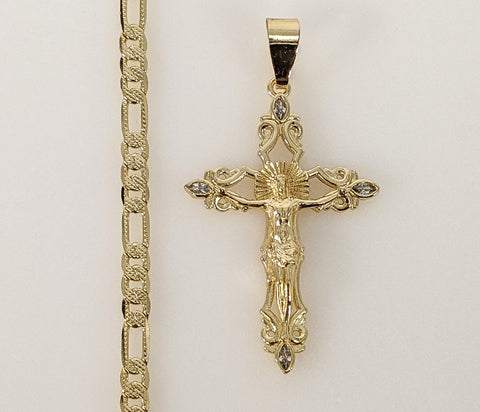 Plated Cross 4mm 14K Diamond Figaro Chain Necklace