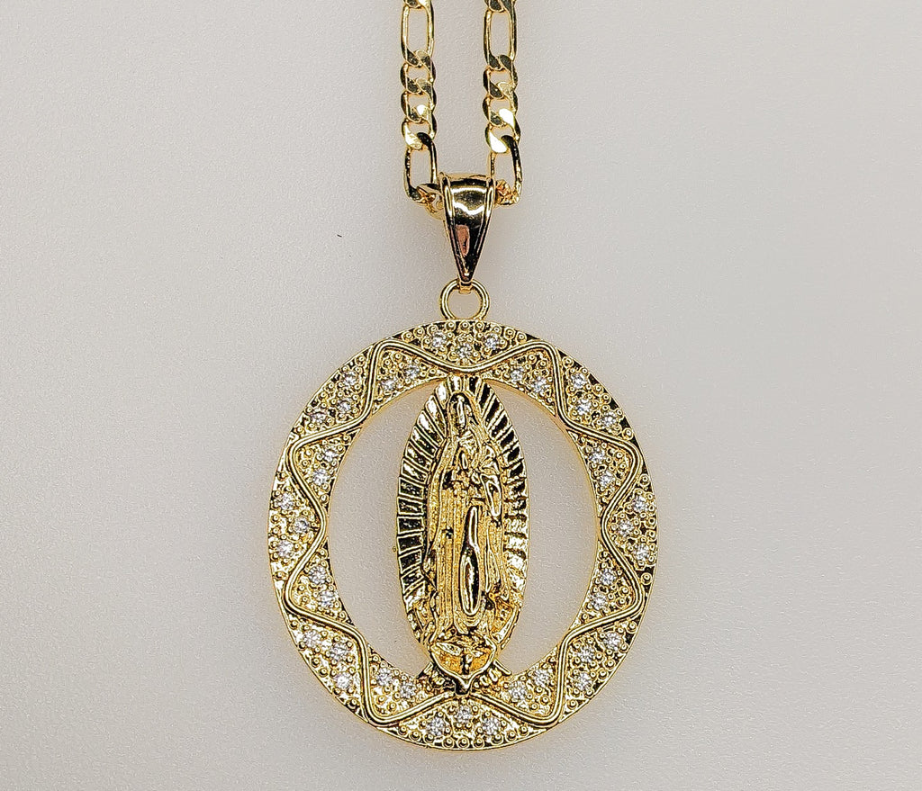 Plated Virgin Mary 3mm Figaro Chain Necklace