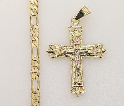 Plated Tri-Color Cross 5mm Figaro Chain Necklace