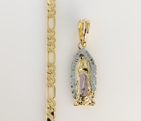 Plated Tri-Color Virgin Mary 5mm Figaro Chain Necklace