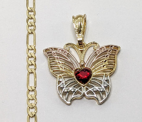 Plated Tri-Gold Butterfly 4mm Figaro Chain Necklace