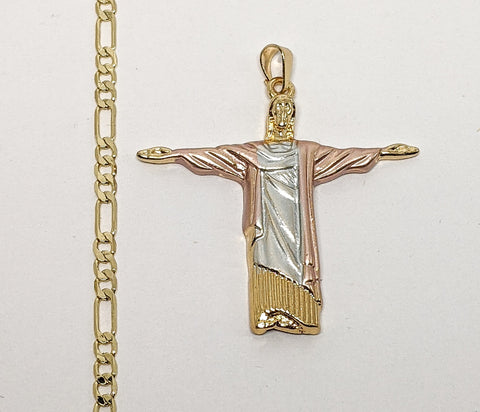 Plated Tri-Color Open Arm Jesus Whole Body 4mm Figaro Chain Necklace