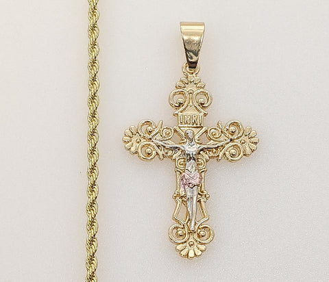 Plated Tri-Color Cross 2mm Rope/Braided Chain Necklace