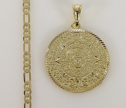 Plated Aztec Mayan Calendar 4mm 14K Diamond Figaro Chain Necklace