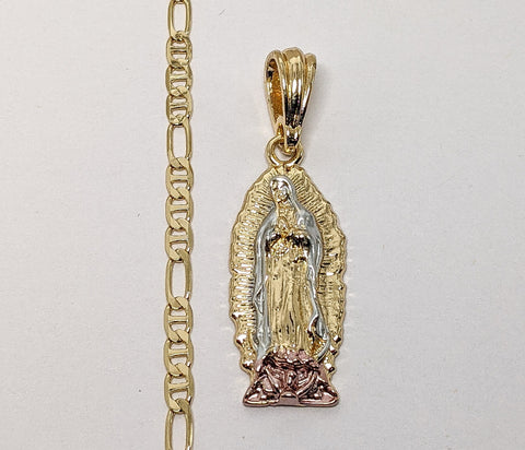 Plated Tri-Color Virgin Mary 4mm Figaro Mariner Chain Necklace