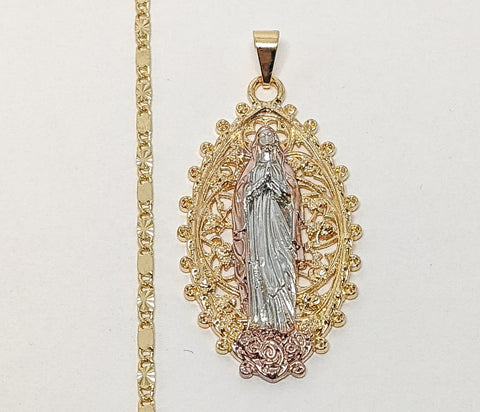 Plated Tri-Gold Virgin Mary 2mm Star Solid Chain Necklace