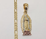 Plated Tri-Color Virgin Mary 4mm 14K Diamond Figaro Chain Necklace