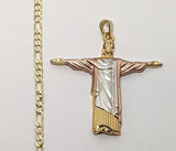 Plated Tri-Color Open Arm Jesus Whole Body 3mm Figaro Chain Necklace