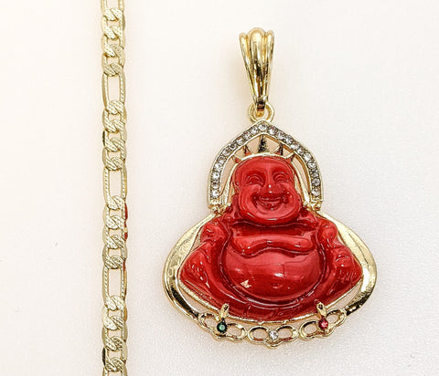 Plated Buddha 4mm 14K Diamond Figaro Chain Necklace