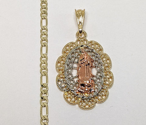 Plated Tri-Color Virgin Mary 4mm Figaro Mariner Chain Necklace