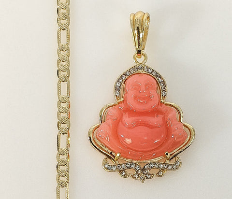 Plated Buddha 4mm 14K Diamond Figaro Chain Necklace