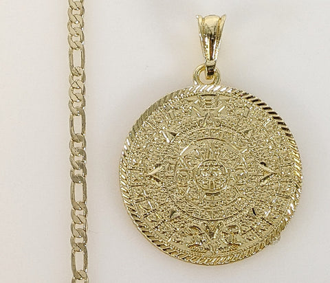 Plated Aztec Mayan Calendar 3mm Figaro Chain Necklace