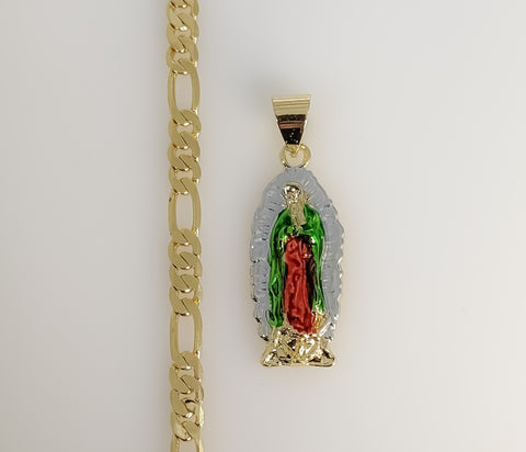 Plated Multicolor Virgin Mary 5mm Figaro Chain Necklace