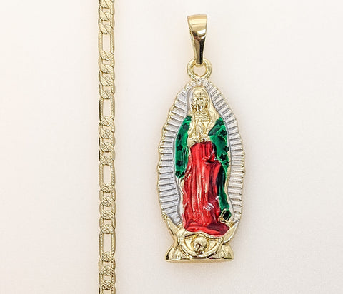 Plated Multicolor Virgin Mary 4mm 14K Diamond Figaro Chain Necklace