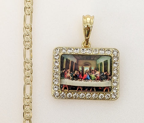 Plated The Last Supper 4mm 14K Diamond Figaro Chain Necklace