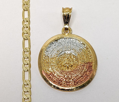 Plated Tri-Color Aztec Calendar 4mm 14K Diamond Figaro Chain Necklace