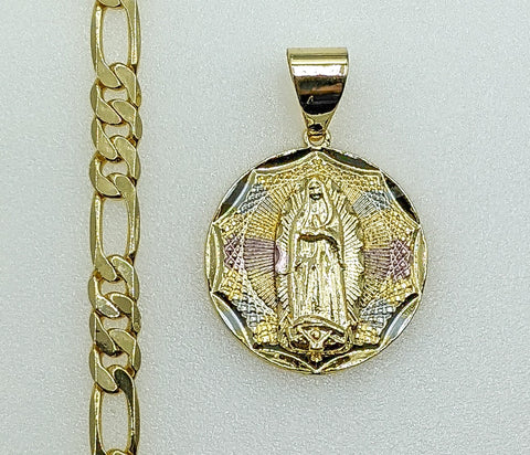 Plated Tri-Color Virgin Mary 5mm Figaro Chain Necklace