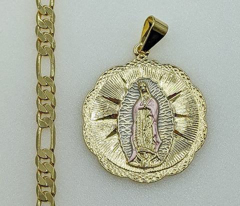 Plated Tri-Color Virgin Mary 5mm Figaro Chain Necklace