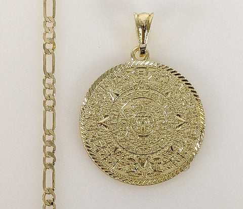 Plated Aztec Mayan Calendar 4mm Figaro Chain Necklace