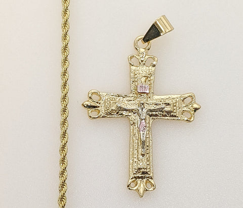 Plated Tri-Color Cross 2mm Rope/Braided Chain Necklace