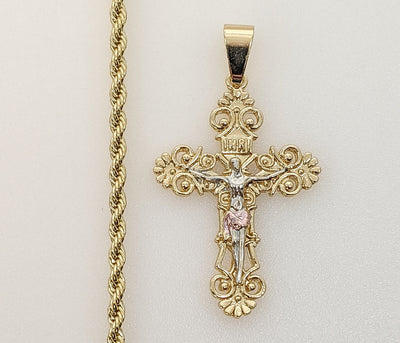 Plated Tri-Color Cross 3mm Rope/Braided Chain Necklace