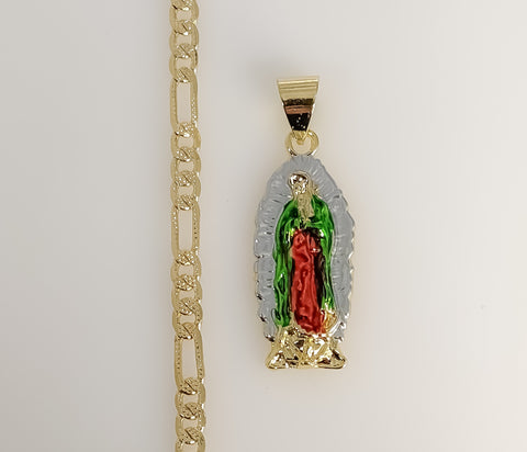 Plated Multicolor Virgin Mary 4mm 14K Diamond Figaro Chain Necklace